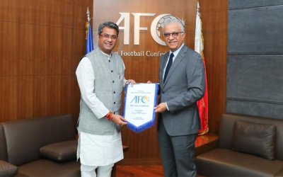 AIFF President Kalyan Chaubey, Secretary General Shaji Prabhakaran meet AFC President Shaikh Salman bin Ebrahim Al Khalifa